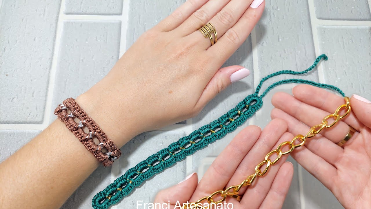 PULSEIRA UNISSEX DE CROCH&Ecirc; COM CORRENTE 😍 OLHA QUE LINDA 