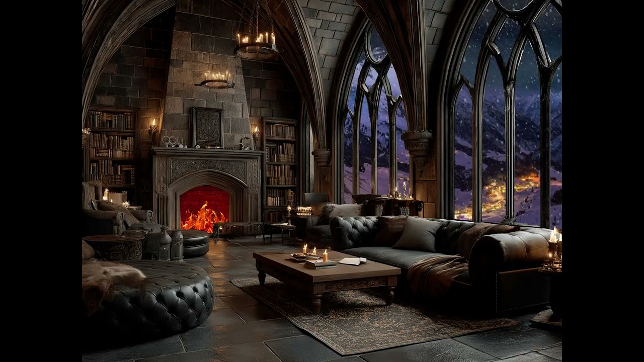 Relaxing 9-Hour Fireplace and Snowstorm Ambiance - Night Mountain Village Lights & Crackling Fire 4k
