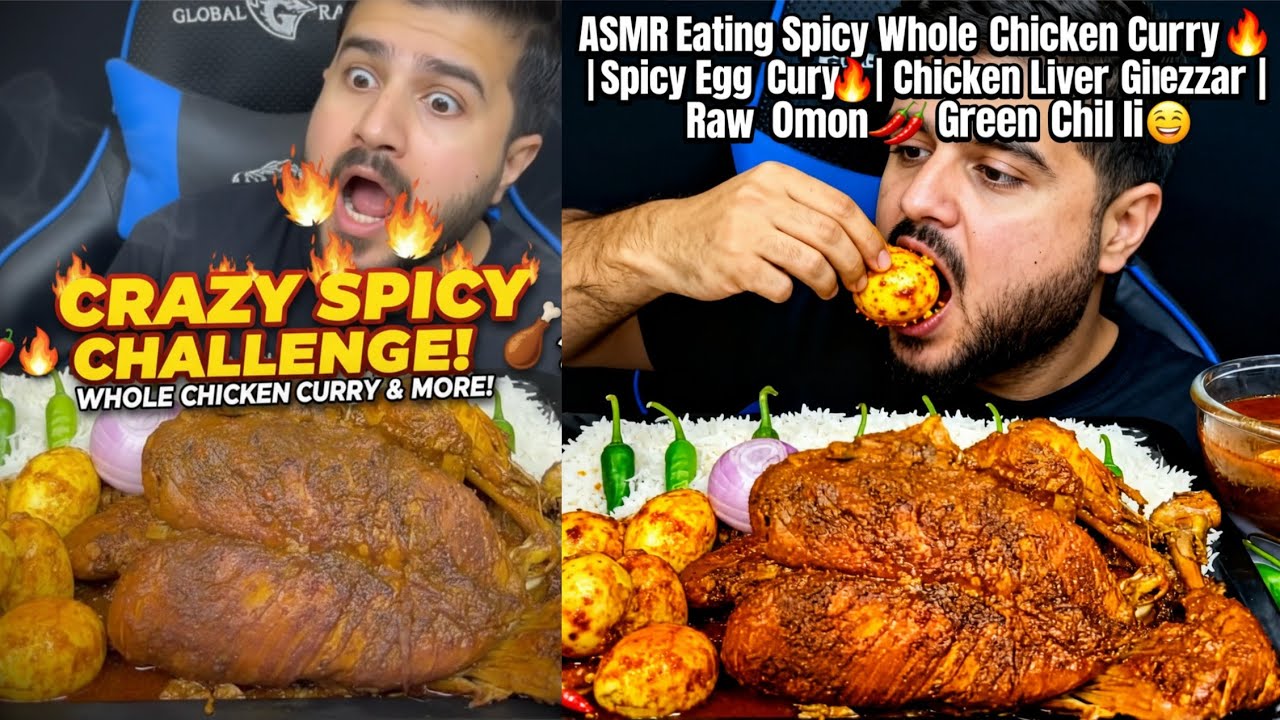 Eating Spicy Whole Chicken Curry🍗🌶️| Spicy Egg Curry🔥| Chicken Liver Gizzard| Raw Onion🧅Green Chilli