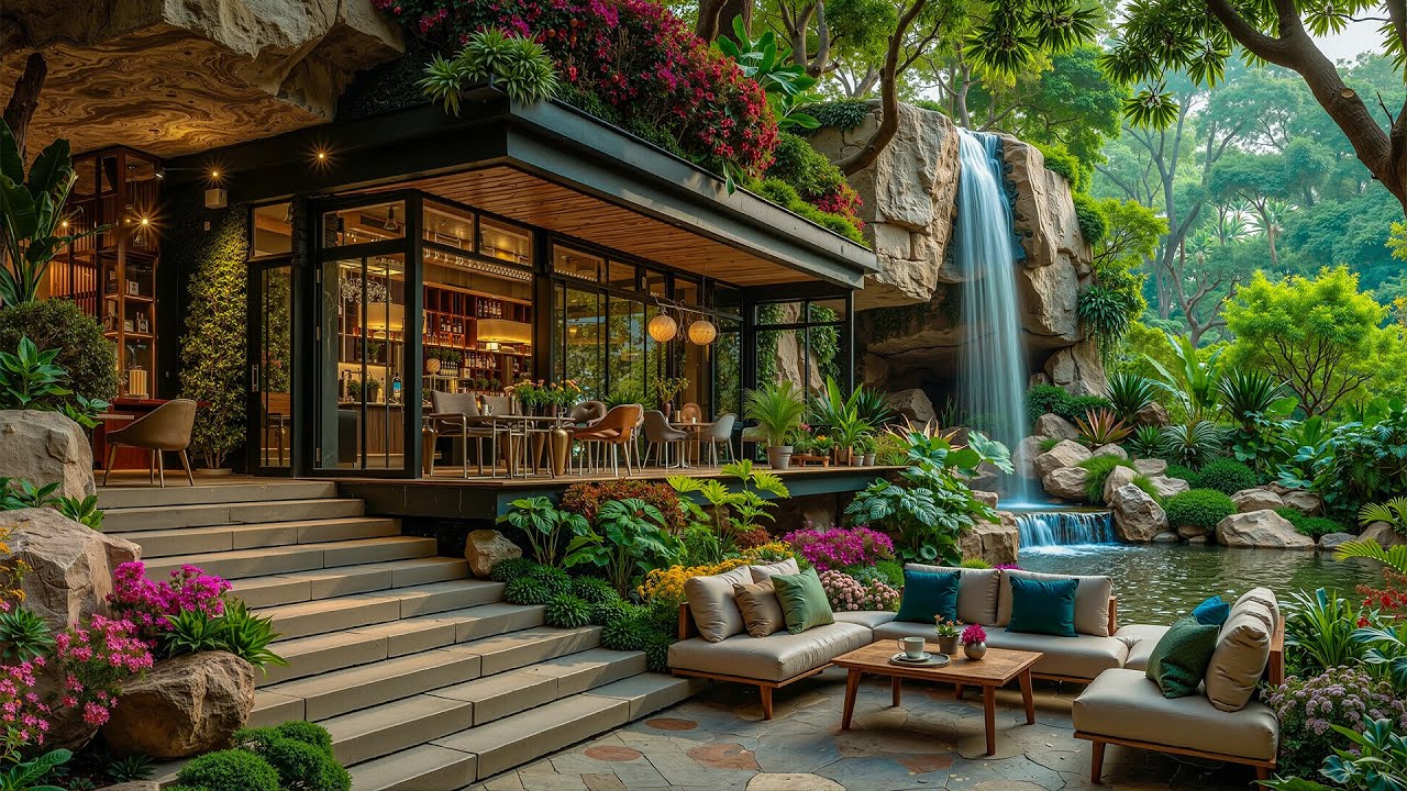 Gentle Outdoor Coffee Shop Jazz with Forest Waterfall View 🍃 Smooth Jazz & Nature Ambience for Relax