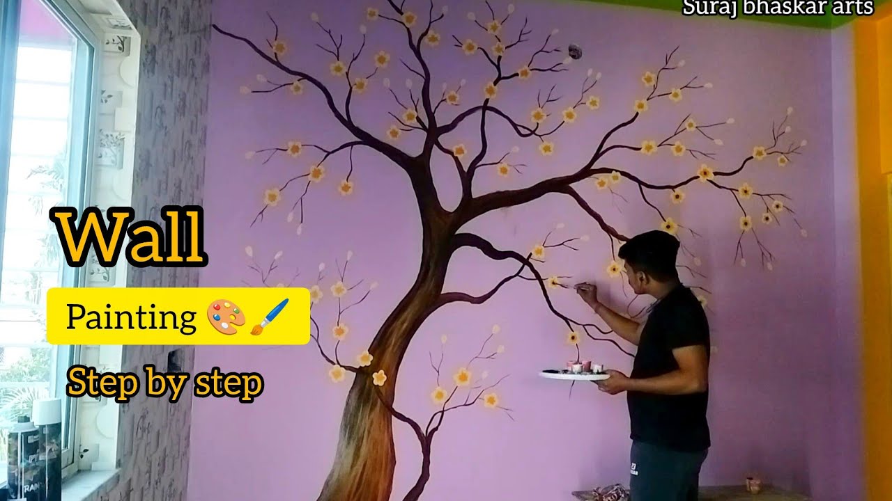Wall tree painting design ideas/  wall painting in bedroom 🖌️😍 #walldesign #wallpainting 