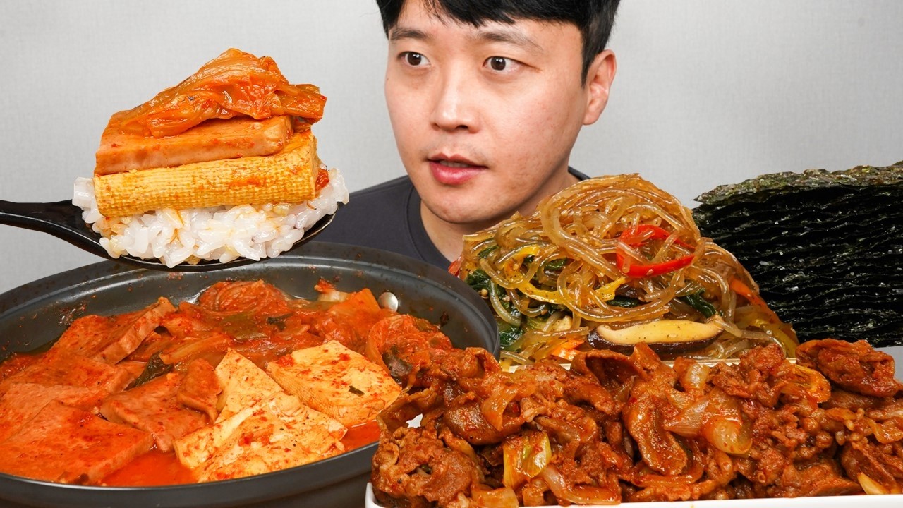 이정도면 진수성찬이지!! 잡채 제육볶음 스팸김치찌개 구운김 먹방 ASMR MUKBANG