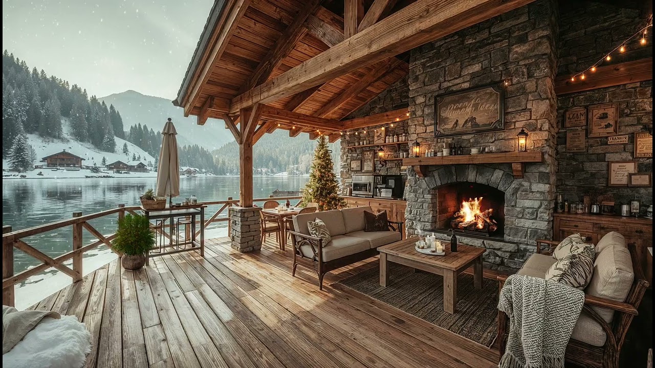 Lakeside Alpine Cabin Jazz 🔥 Fireplace Glow, Gentle Snowfall & Smooth Jazz for Focus and Winter Calm