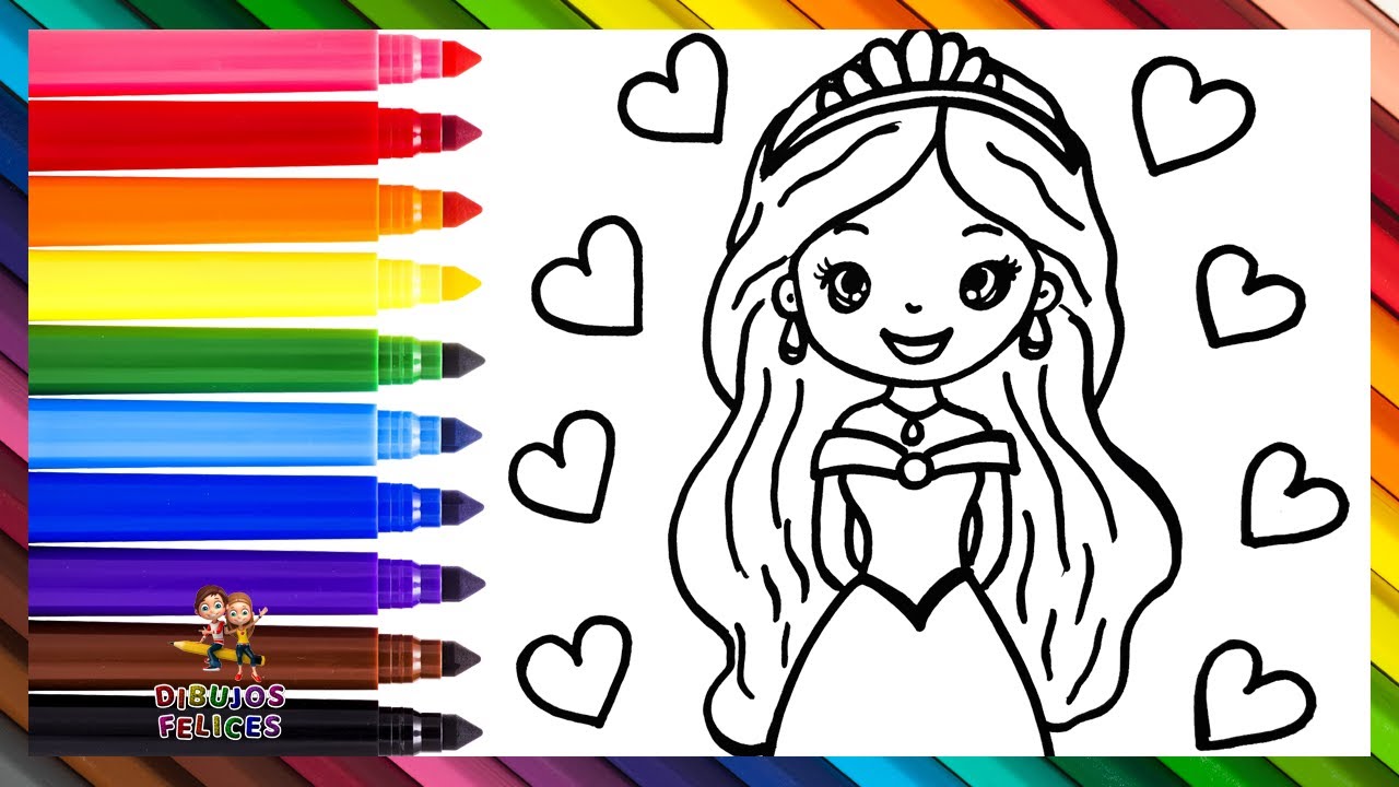 Dibuja y Colorea Una Linda Princesa 👸👑❤️🧡💛💚💙💜🌈 Dibujos Para Niños