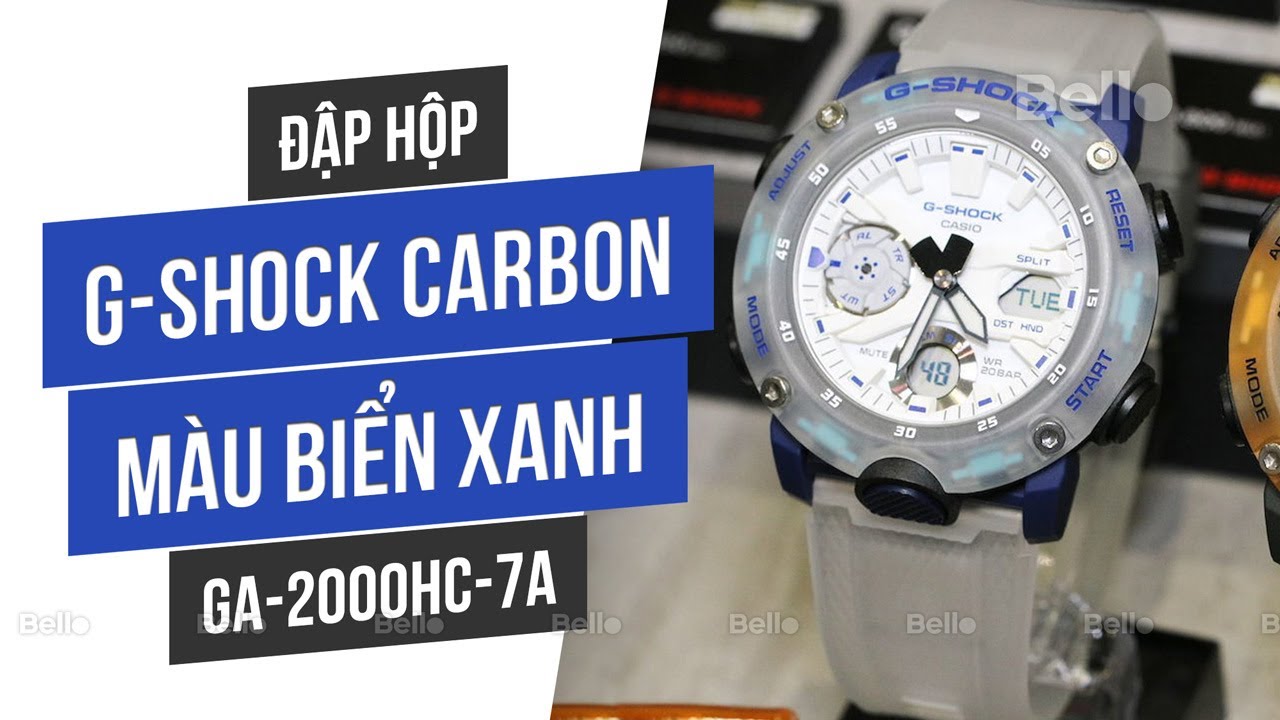 Đập hộp G-Shock Carbon tông màu biển xanh cát trắng cực cool GA-2000HC-7A tại Bello