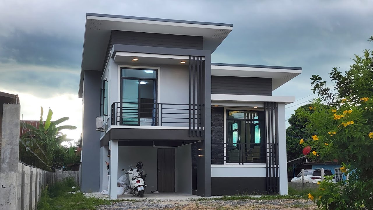 บ้านชั้นครึ่งสไตล์โมเดิร์นออกแบบสวยงามทันสมัยฟังก์ชั่นครบครันโทนสีเทาอบอุ่น 3 ห้องนอน 2 ห้องน้ำ