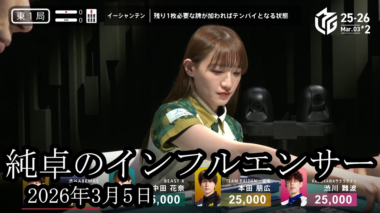 【純卓のインフルエンサー降臨】中田花奈登場‼東発から四人の手配が拮抗する重場に突入する‼【麻雀の虎】