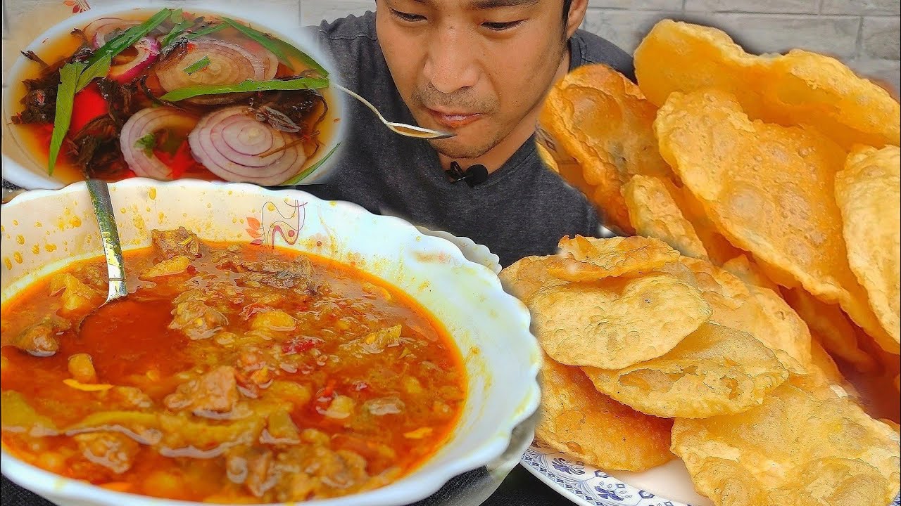 Indian food || eating lots of puri with mutton and potato gravy || kents vlog.