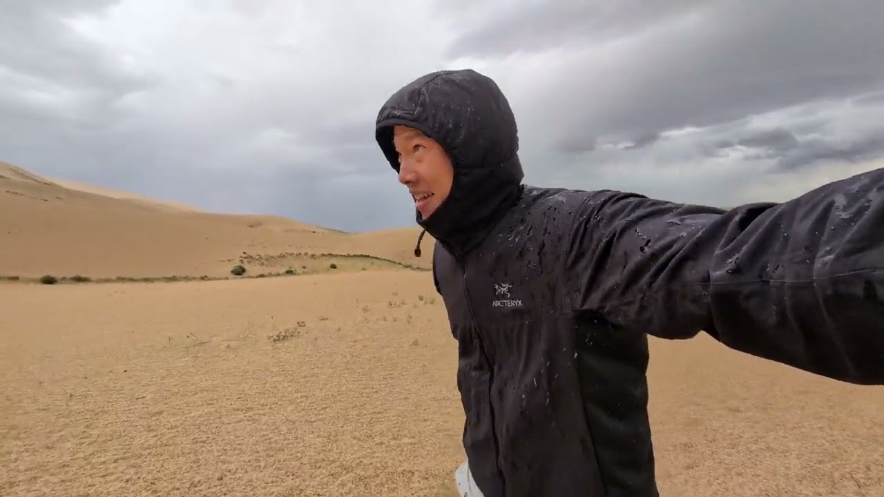 Hiking Sand Dunes in the Gobi Desert During a Lightning Storm