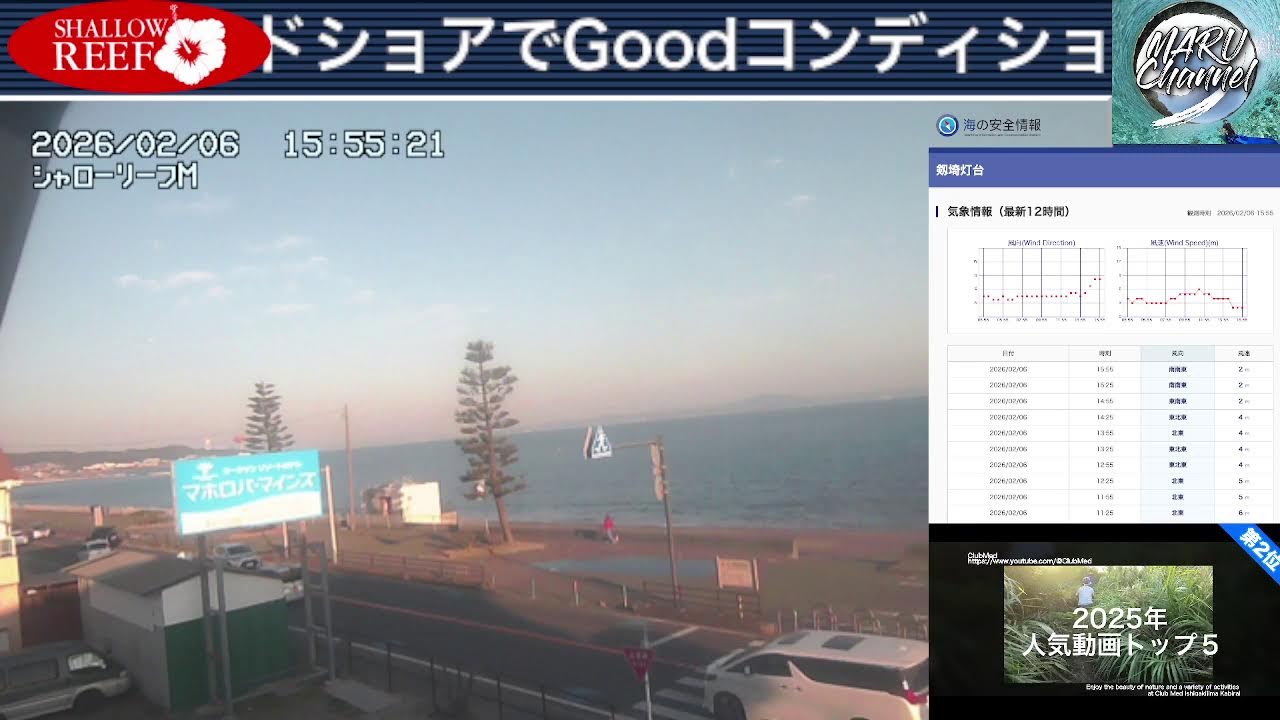 【🔴ライブカメラ配信】津久井浜海岸 三浦海岸 風情報 Yokosuka-Miura Beach Live 2026/2/6 乾燥注意報 【波音BGM】