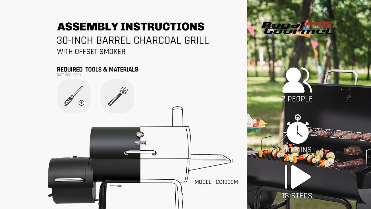 Royal Gourmet® CC1830M 30-inch Barrel Charcoal Grill with Offset Smoker |  Assembly Instructions