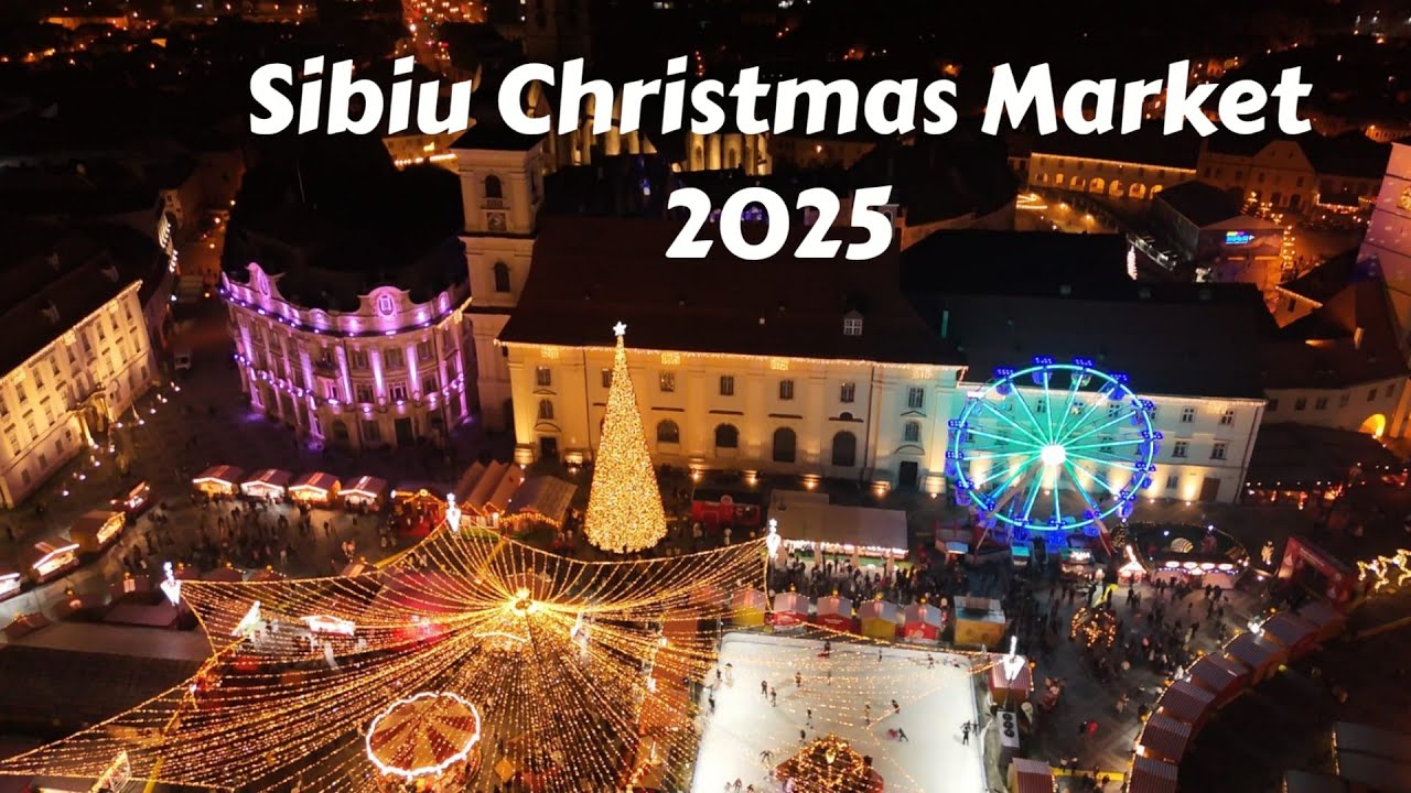 Sibiu Christmas Market 2025 4K Drone Video – Piața Mare în Lumină