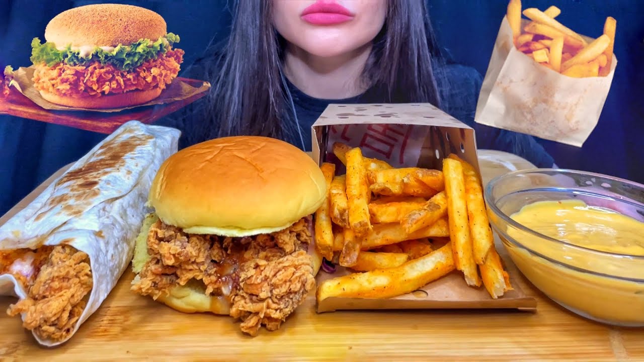 ASMR CRISPY CHICKEN BURGER + FRIES | FAST FOOD MUKBANG