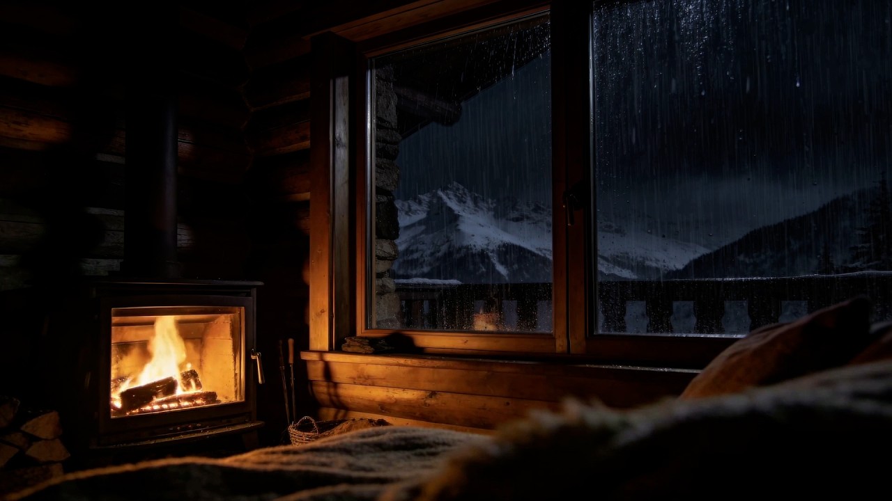 Rainy Night in a Cozy Cabin with Fireplace 🌧️🔥 Snowy Mountain View | Deep Sleep ASMR (No Ads)