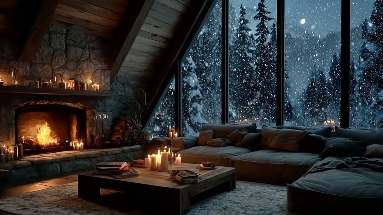 Warm Fireplace & Soft Piano Relaxing Holiday Ambience with Snowfall