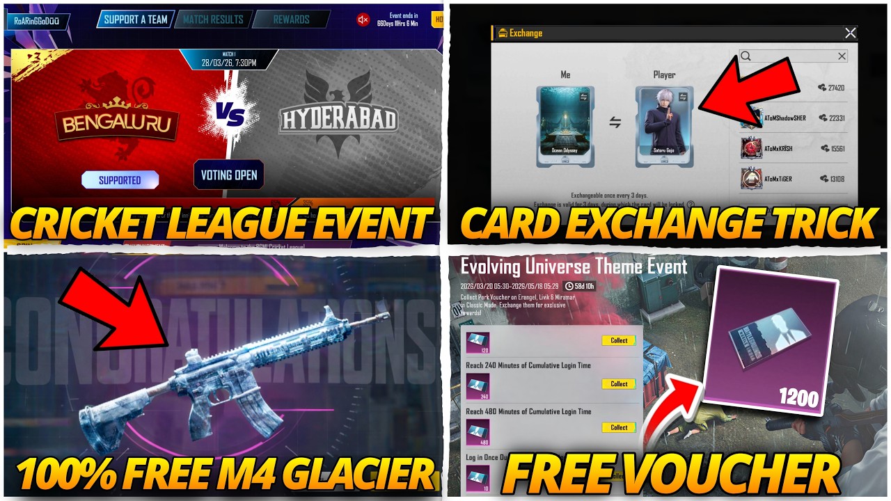 😱 FREE M416 GLACIER IN CRICKET LEAGUE EVENT / CARD EXCHANGE TRICK / CHARACTER VOUCHER EVENT BGMI