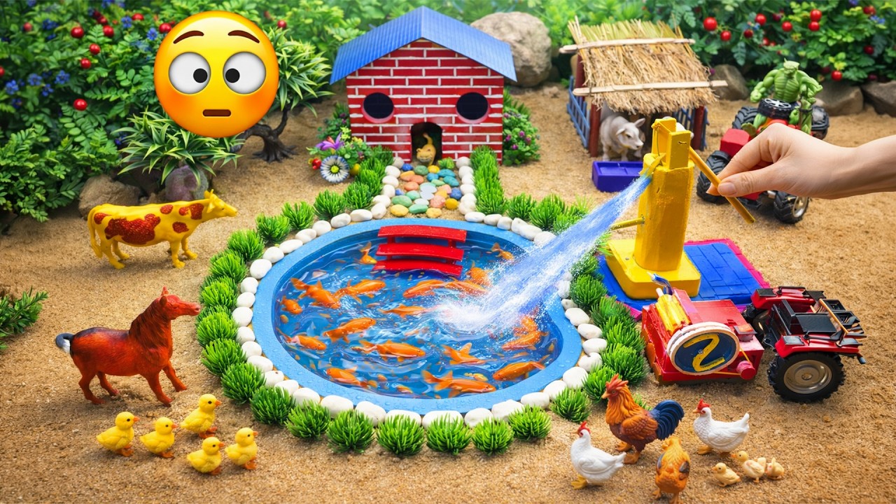 DIY mini Farm Diorama with cow shed | Toy Mini Farm Life Water Pump, Fish Pond & Cute Animals