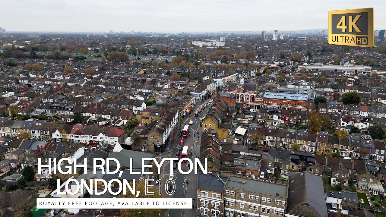 High Road, Leyton E10 from Coronation Gardens to Town Hall - Stunning 4K Royalty-Free Drone Footage