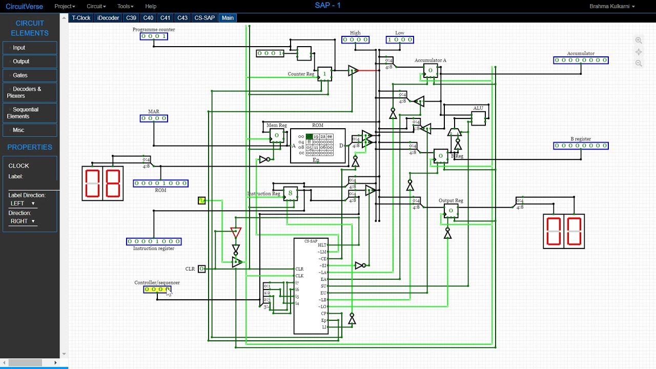 SAP-1 Demonstration and Simulation on CircuitVerse by Brahma Kulkarni