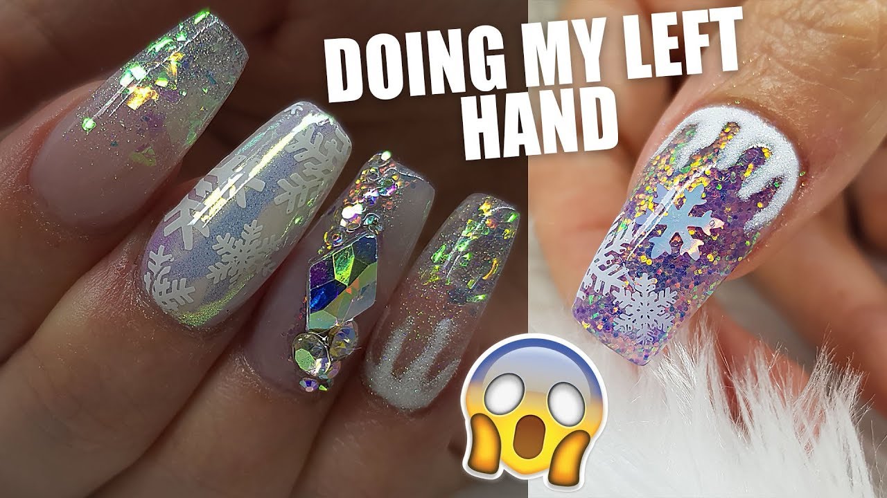 Acrylic Nails | Using My BAD Hand | Snow Flake Ice Nails | Stamping Nail art
