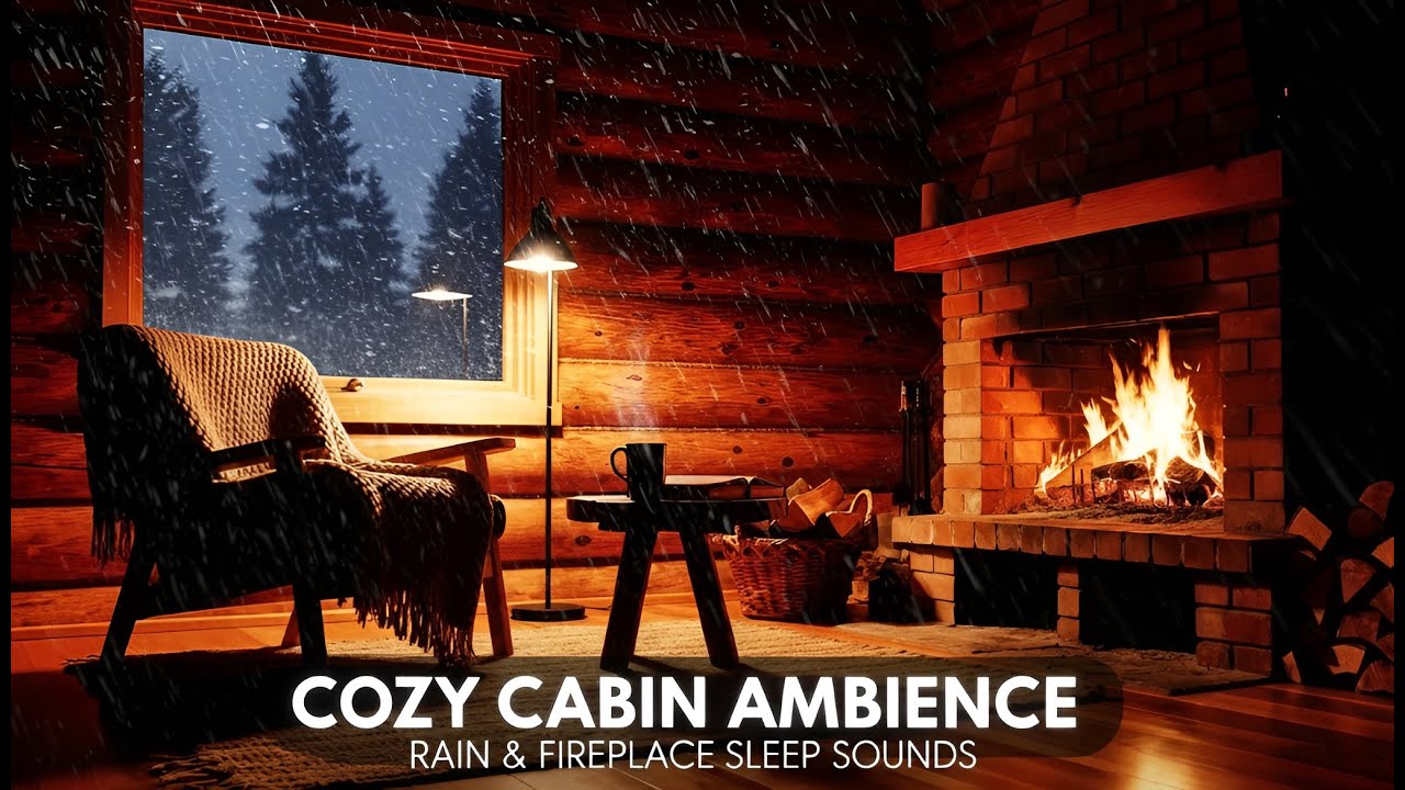 Relaxing Rain and Fireplace Sounds in Cozy Cabin Night for Sleep – Warm Midnight Cabin Atmospher