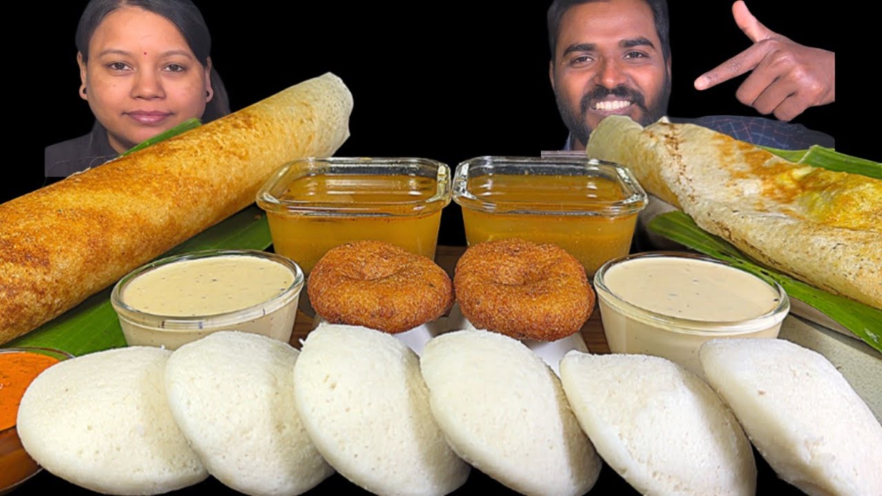 Idli Sambar, Masala Dosa, Medu Vada, Ghee Dosa & Coconut Chutney | ASMR Eating | Couple Eating Show 