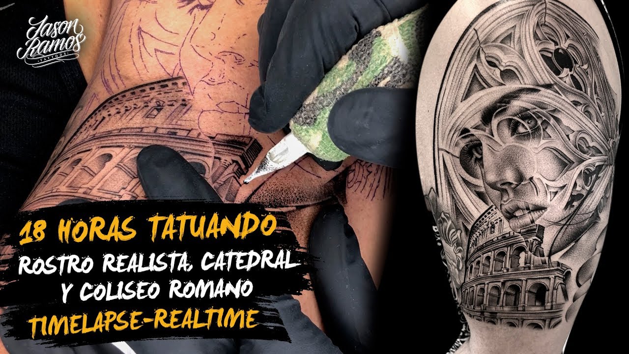 18 Horas TATUANDO Rostro Realista, Catedral y Coliseo Romano//Tattoo Timelapse//Aguja de Linea 3rl