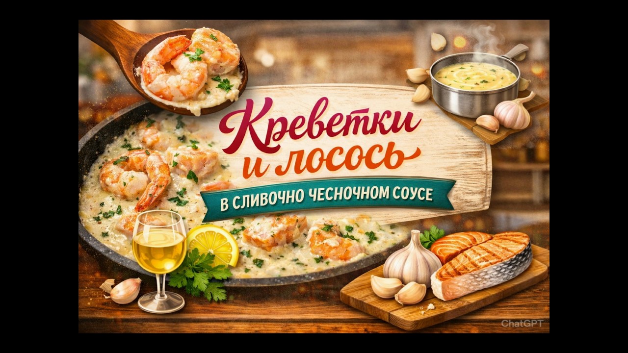 Креветки и лосось в сливочно чесночном соусе.