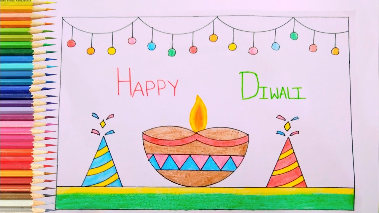 Easy Happy Diwali Drawing | Step by Step Diwali Poster Making 🔥🪔