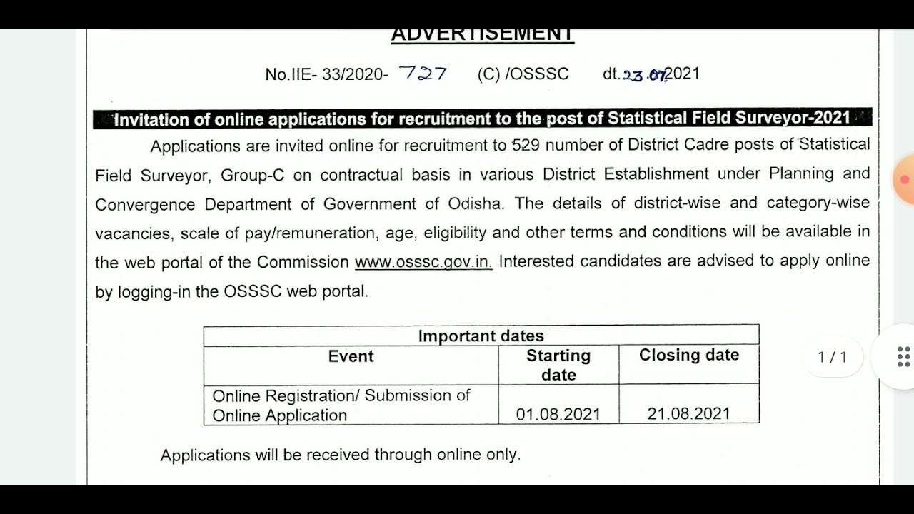 STATISTICAL FIELD SURVEYOR(SFS)2021 | Eligibility,Age,Qualifications,Syllabus,Fee | OSSSC,ODISHA