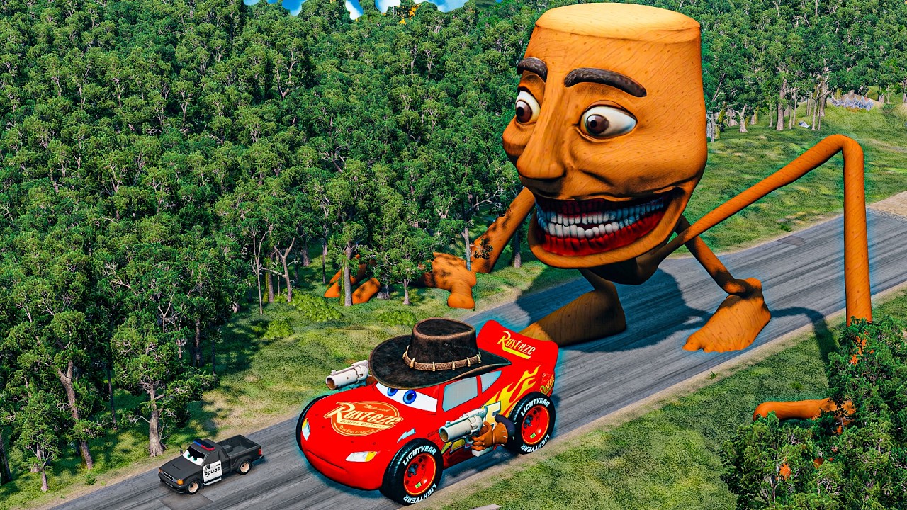 Big & Small McQueen Cowboy & Police Car vs Giant TUNG TUNG SAHUR  BeamNG.drive