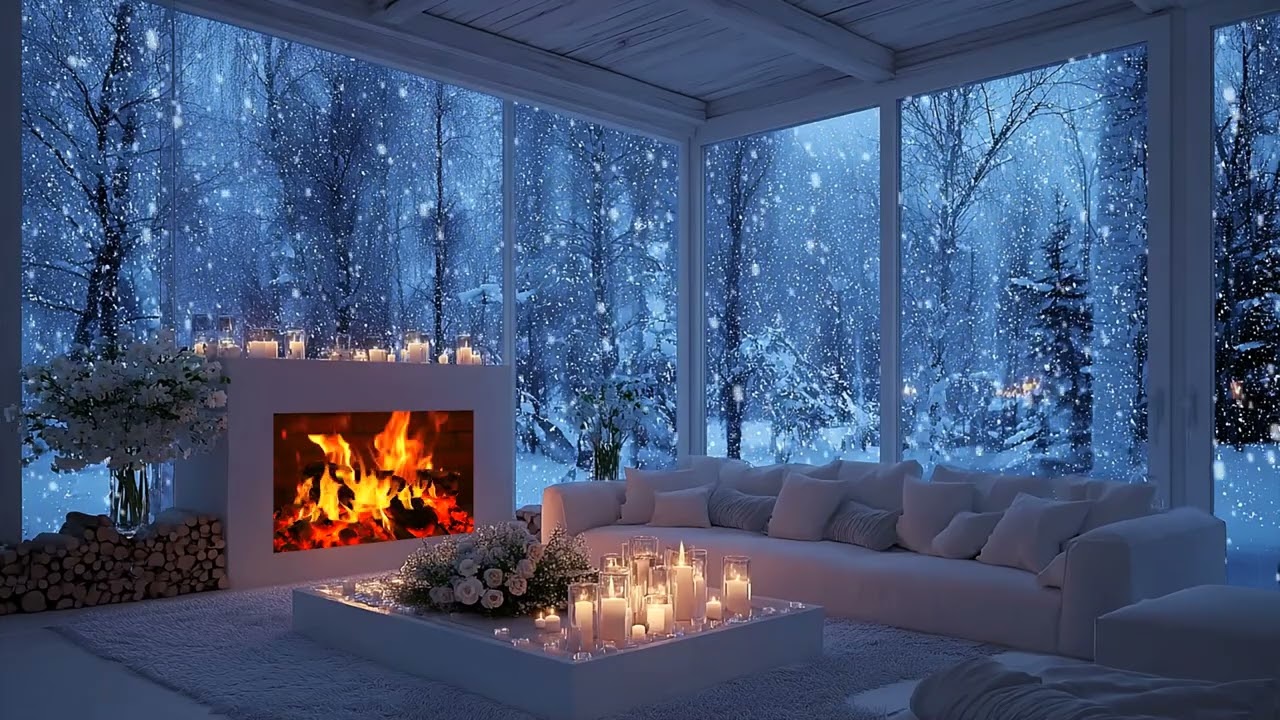 Cozy Winter Piano Ambience with Fireplace and Snowfall for Study and Deep Focus