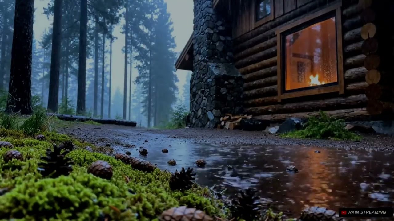 【RainStreaming #110】Forest Rain + Warm Cabin Ambience for Sleep