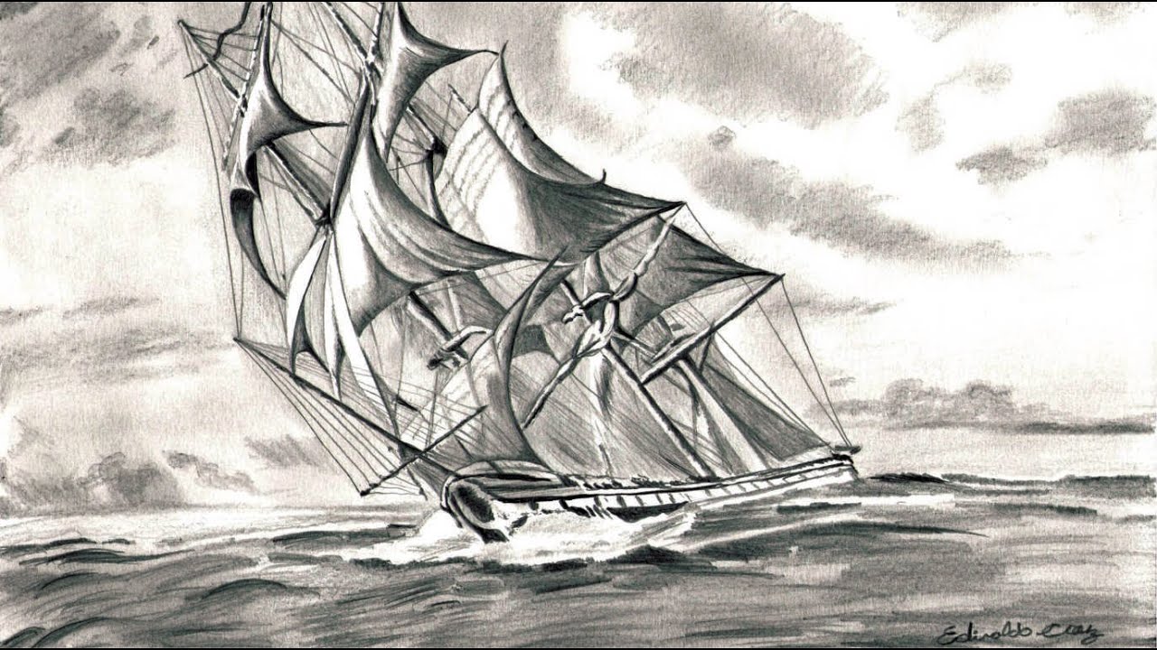 Desenho de veleiro em alto mar