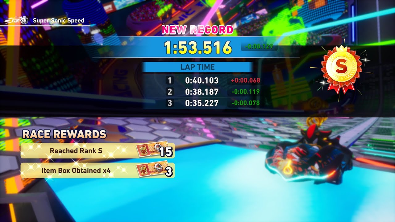 Sonic Racing CrossWorlds - E-Stadium Time Trial 1:53.516 (WR) (Super Sonic Speed)