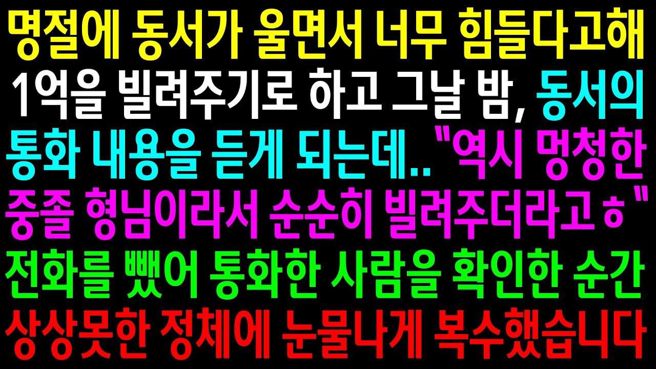 (반전사연)명절에 동서가 울면서 너무 힘들다고해 1억을 빌려주기로 했는데 동서의 통화내용을 듣게되고 눈물나게 한방을 먹이는데[신청사연][사이다썰][사연라디오]
