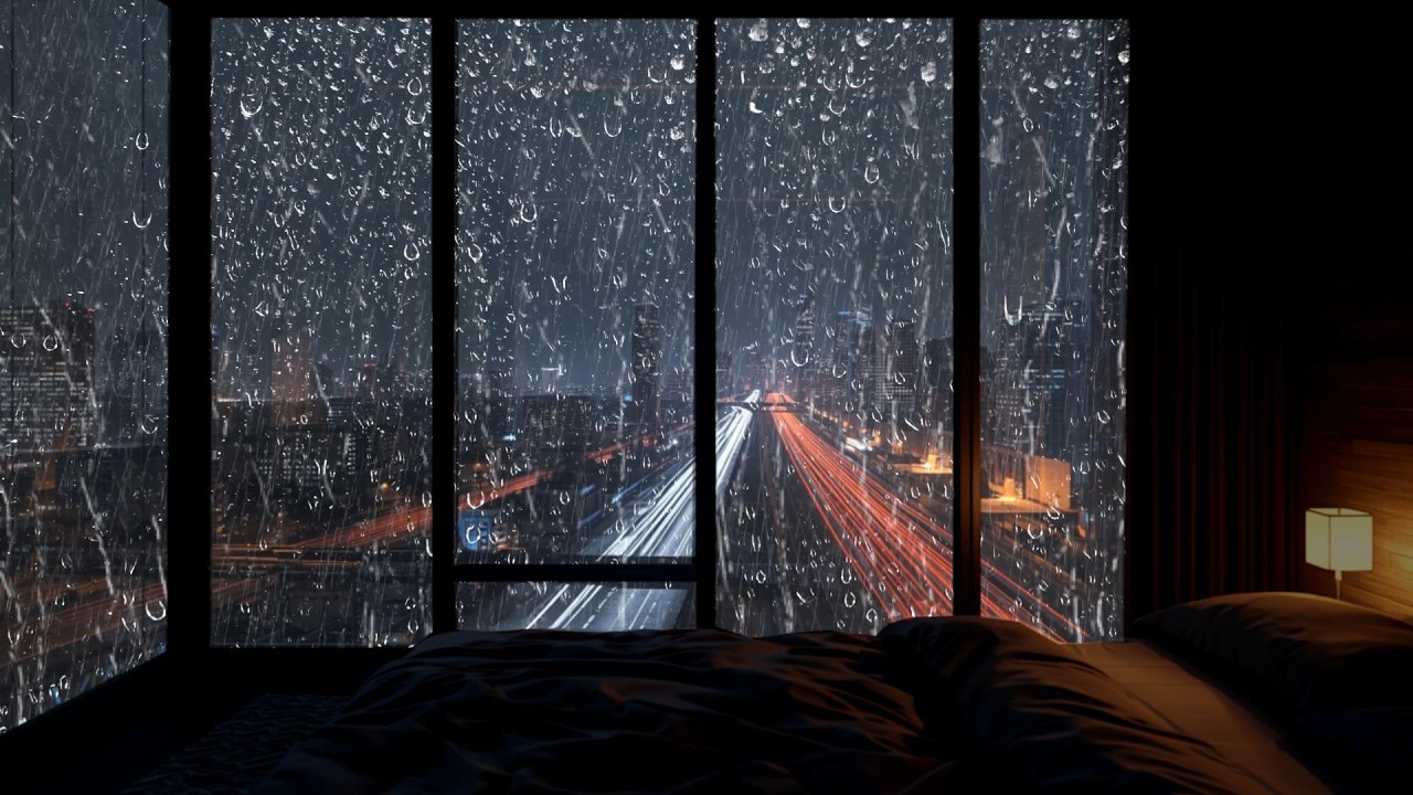 Heavy Rain Sounds and thunderstorm in bedroom modern Newyork Cityscape For sleeping
