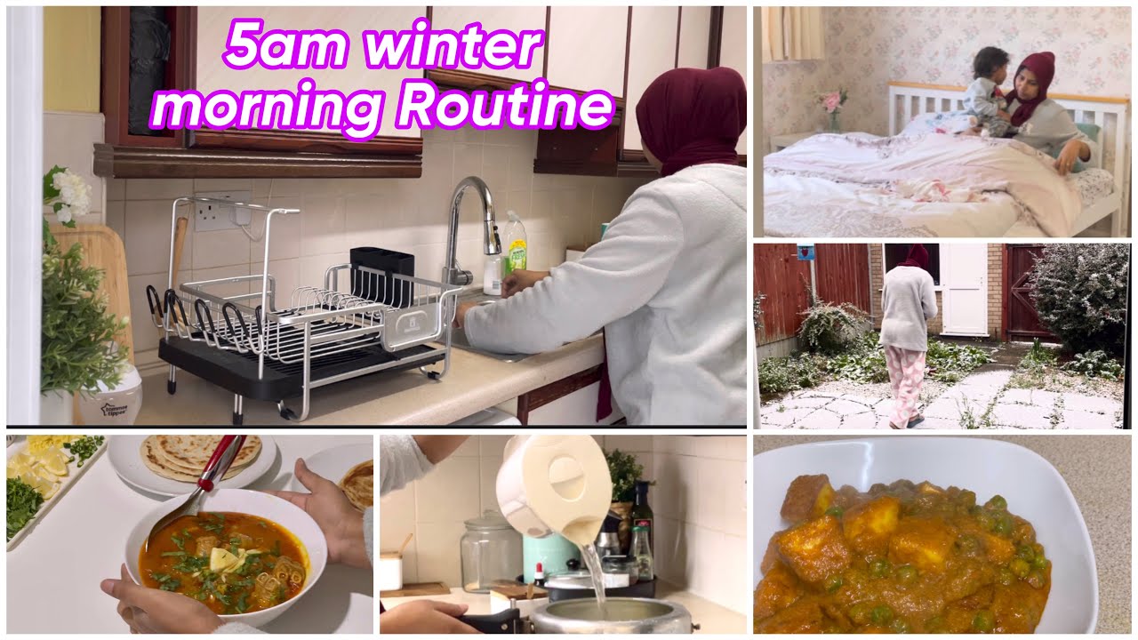5am morning Routine with baby and kid/First snowfall in the UK/Paya soup recipe