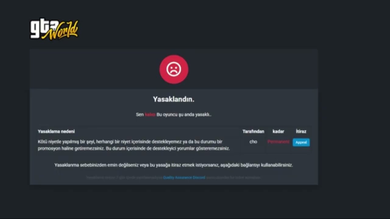 [gta.world.tr] Sunucudan kalıcı olarak yasaklandınız.