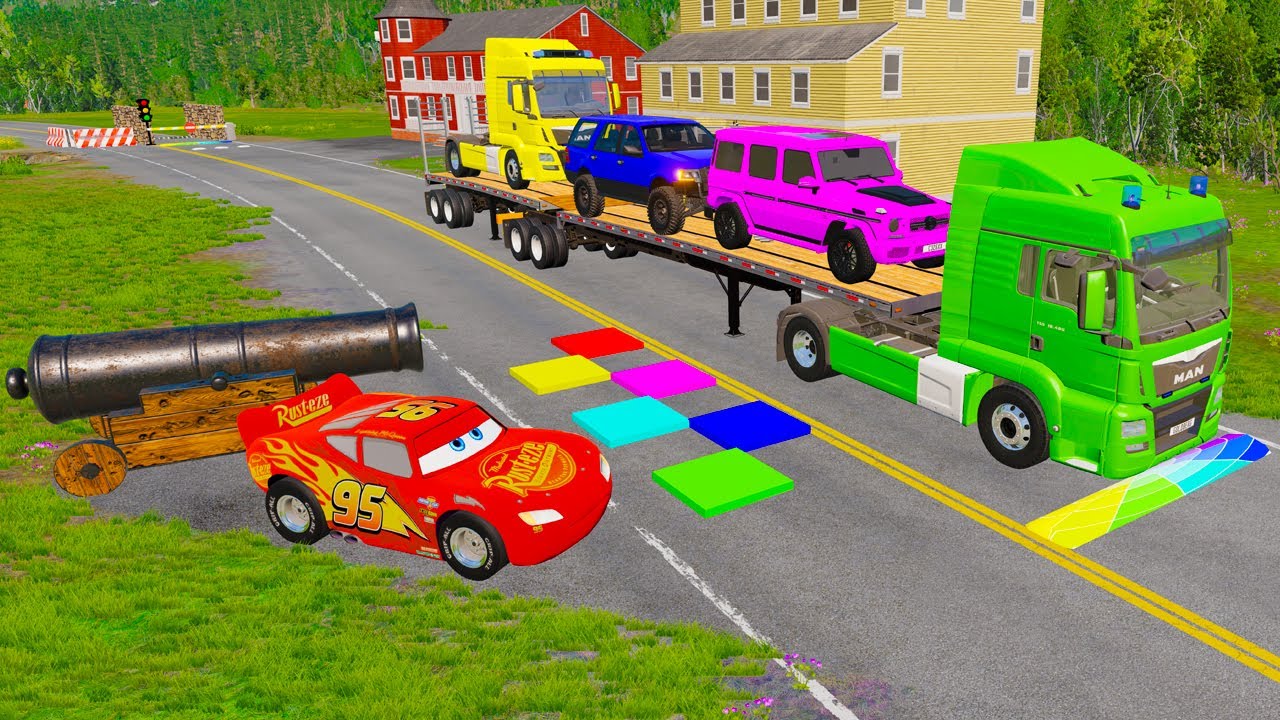 Flatbed Truck McQueen | Transportation with Truck Pothole vs car| BeamNG.Drive Gameplay |