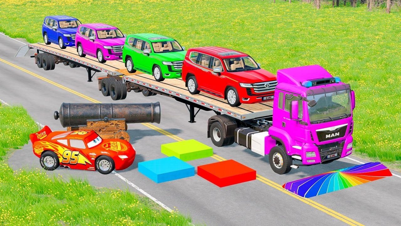 TRANSPORTING PIXAR CARS & FRUITS WITH COLORED & JOHN DEERE vs CLAAS vs TRACTORS - BeamNG.drive #983