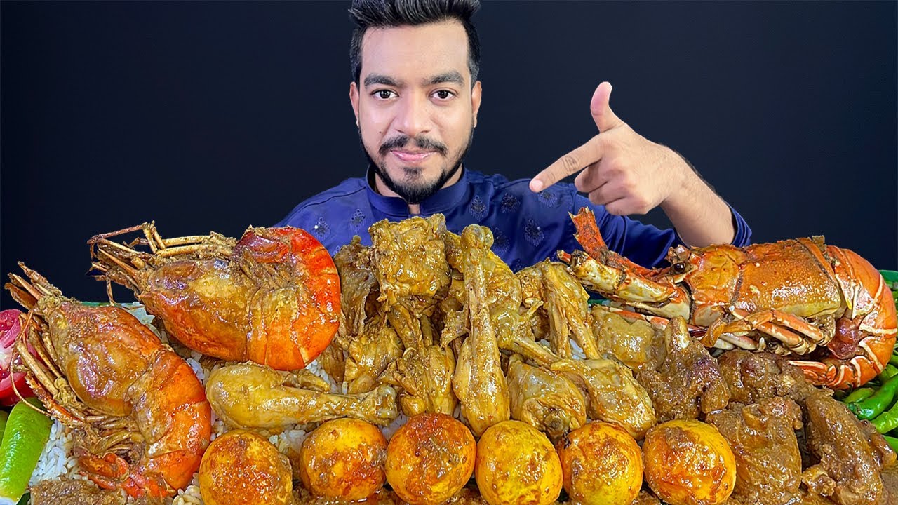 ASMR MUKBANG | SPICY MUTTON CURRY, PRAWN CURRY, GIANT LOBSTER, CHICKEN CURRY, EGG CURRY ASMR EATING