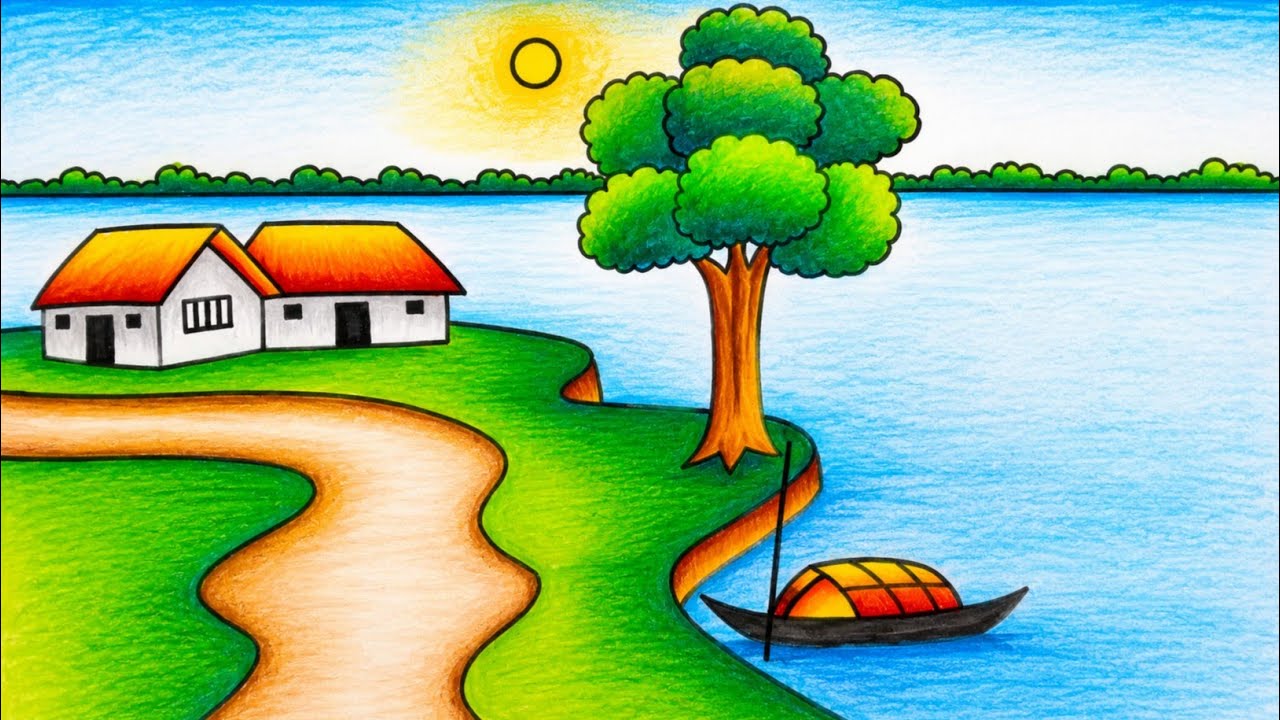 how to draw a beautiful village scenery step by step / riverside landscape village house drawing