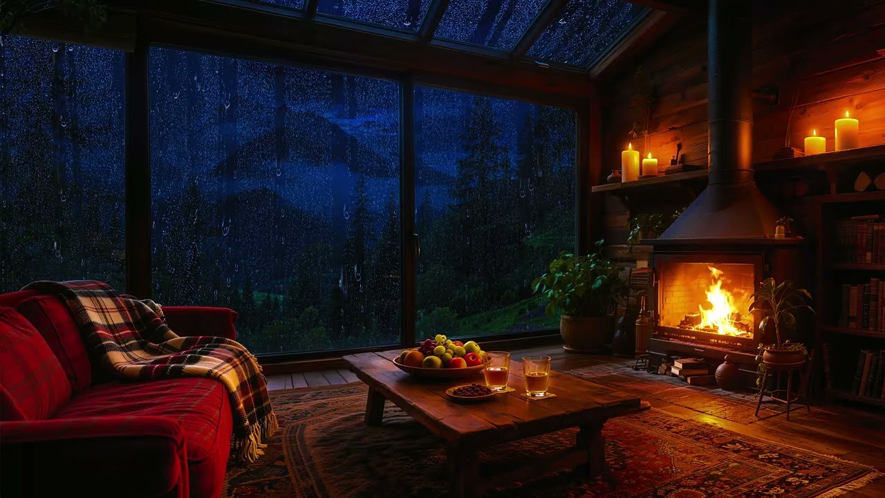 Soothing Rain in the Forest Garden 🌧️ Cabin Fireplace Ambience for Sleep