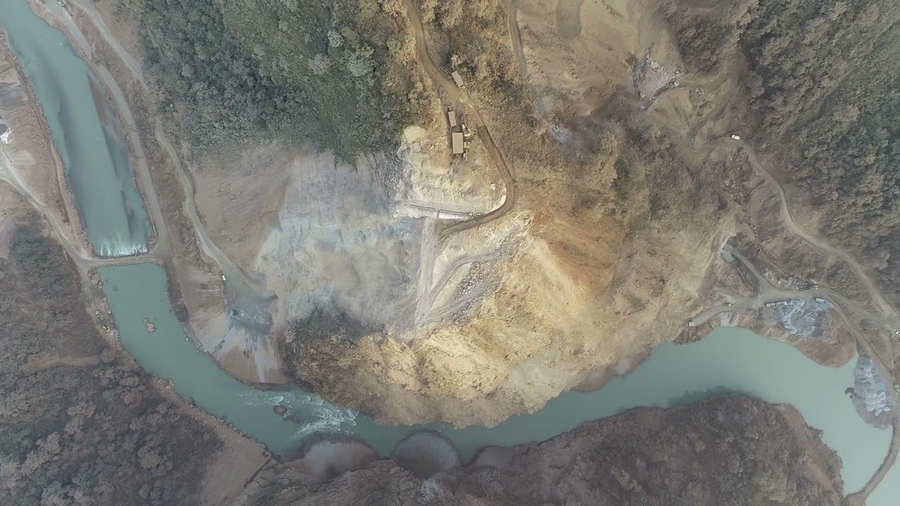 Aerial view of headworks and dam site  area of Tanahu Hydropower project / latest progress on work/