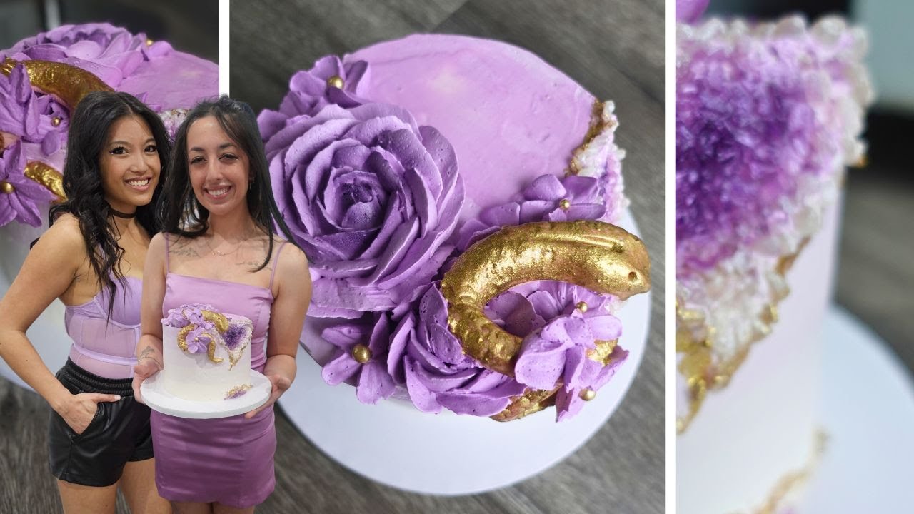 How to Make an Ombre Buttercream Geode Cake with a Fondant Gold Snake | Easy to Follow Tutorial!