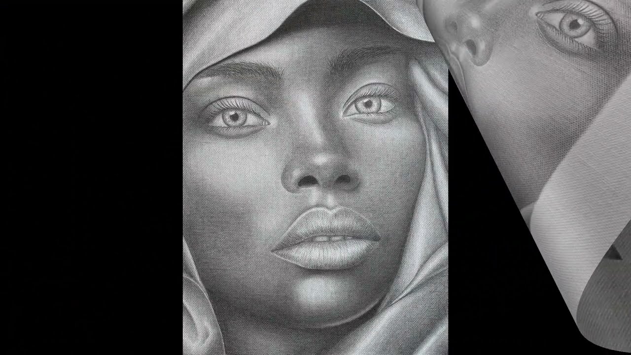 Drawing of woman in a silk scarf 3 - Graphite on canvas