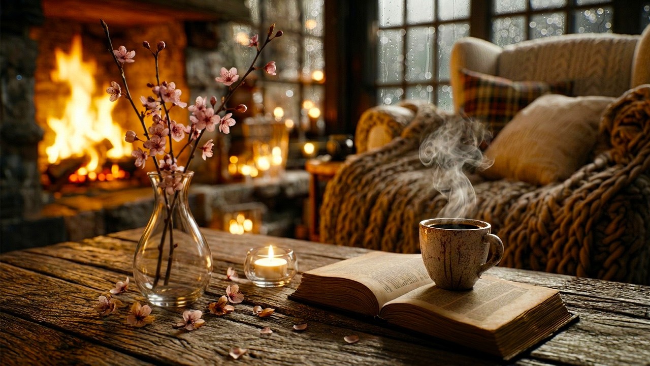 Relaxing Acoustic Guitar to Unwind & Slow Down | Cozy Fireplace & Rainy Reading (3 Hours)