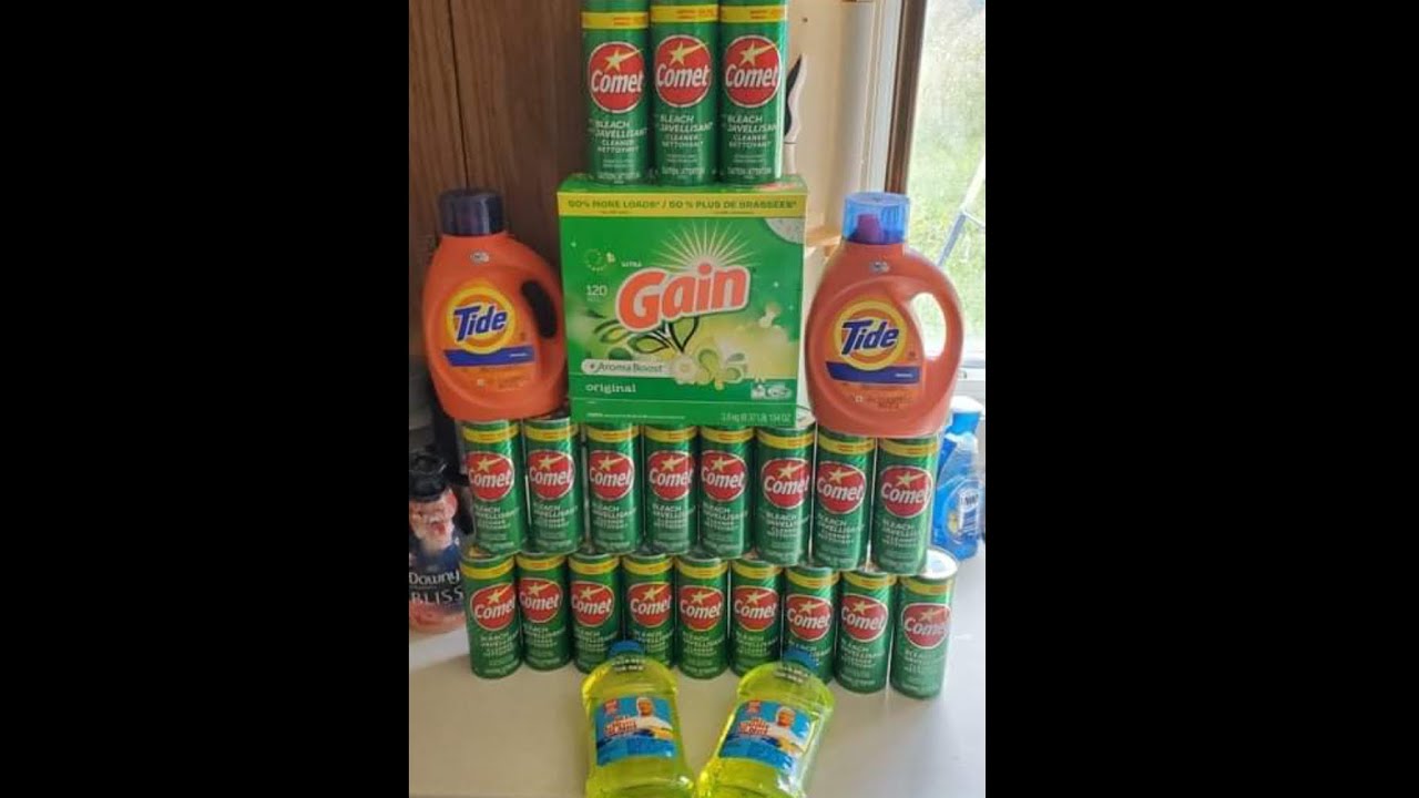20 cans of Comet 💫, big box of gain, tide liquid & lemon mr clean paste asmr