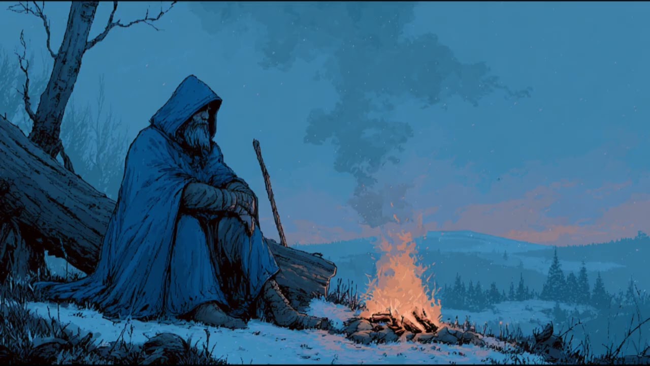 Our weary traveler finds solace in the campfire 
